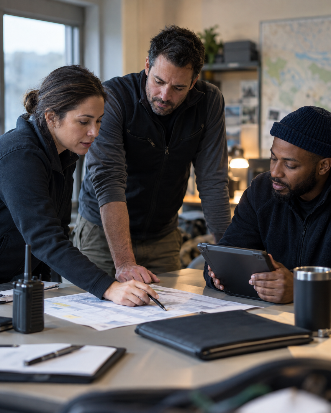 Operations team reviewing a shift plan and field records